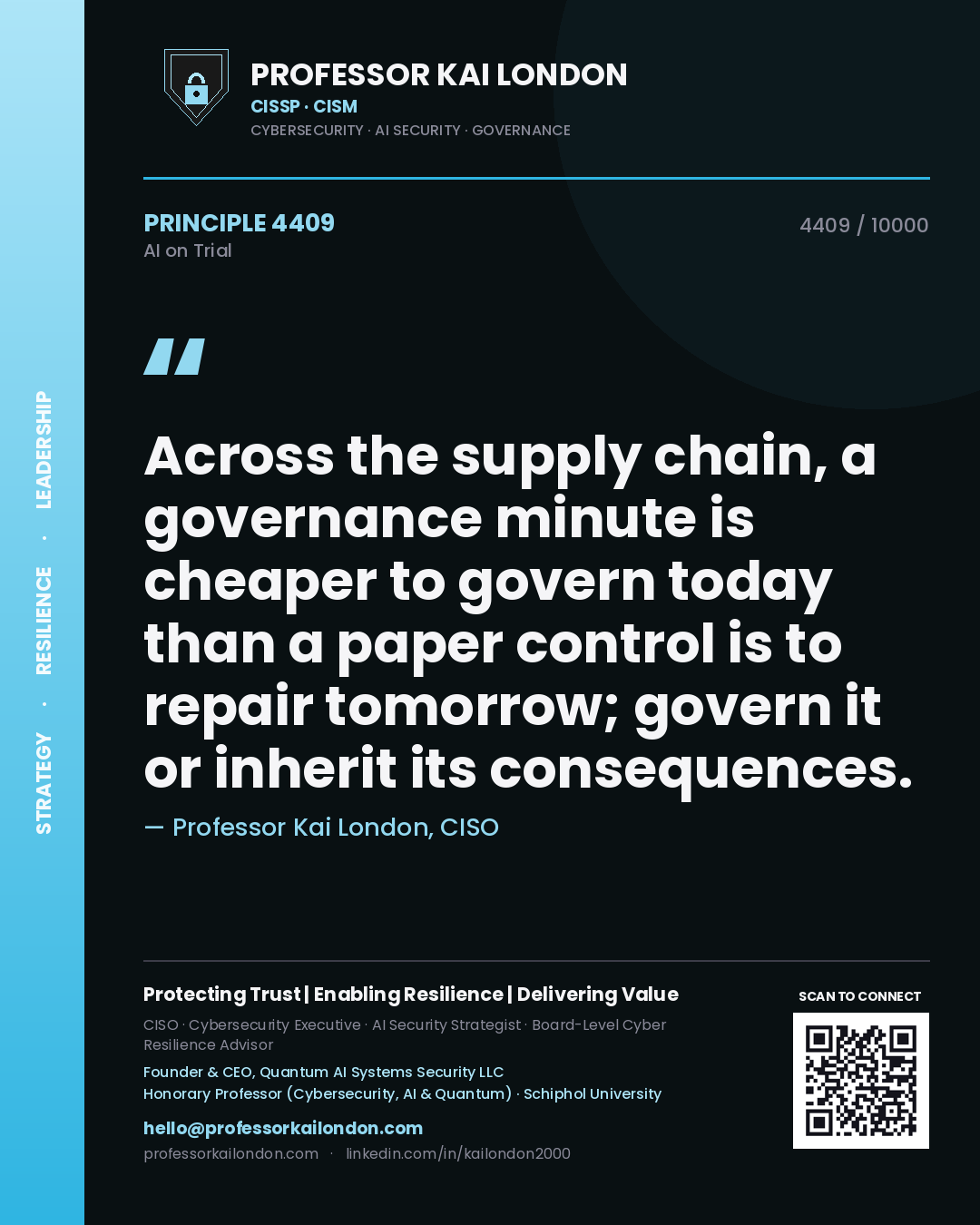 Professor Kai London principle 4409: Across the supply chain, a governance minute is cheaper to govern today than a paper control is to repair tomorrow; govern it or inherit its consequences.