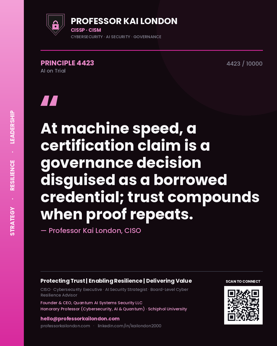 Professor Kai London principle 4423: At machine speed, a certification claim is a governance decision disguised as a borrowed credential; trust compounds when proof repeats.