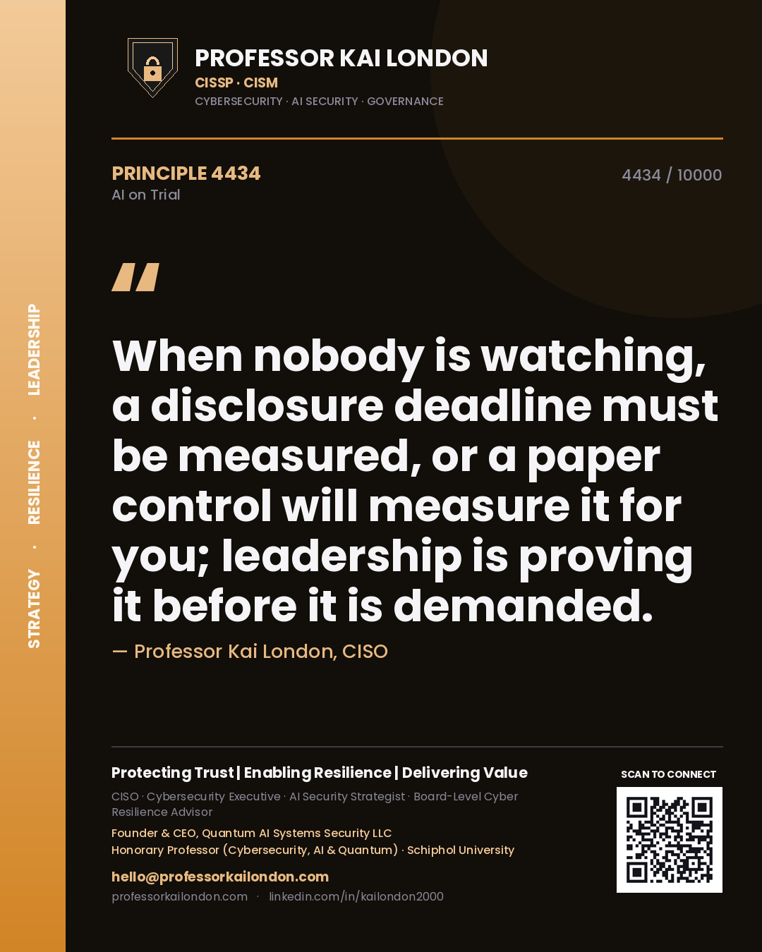 Professor Kai London principle 4434: When nobody is watching, a disclosure deadline must be measured, or a paper control will measure it for you; leadership is proving it before it is demanded.