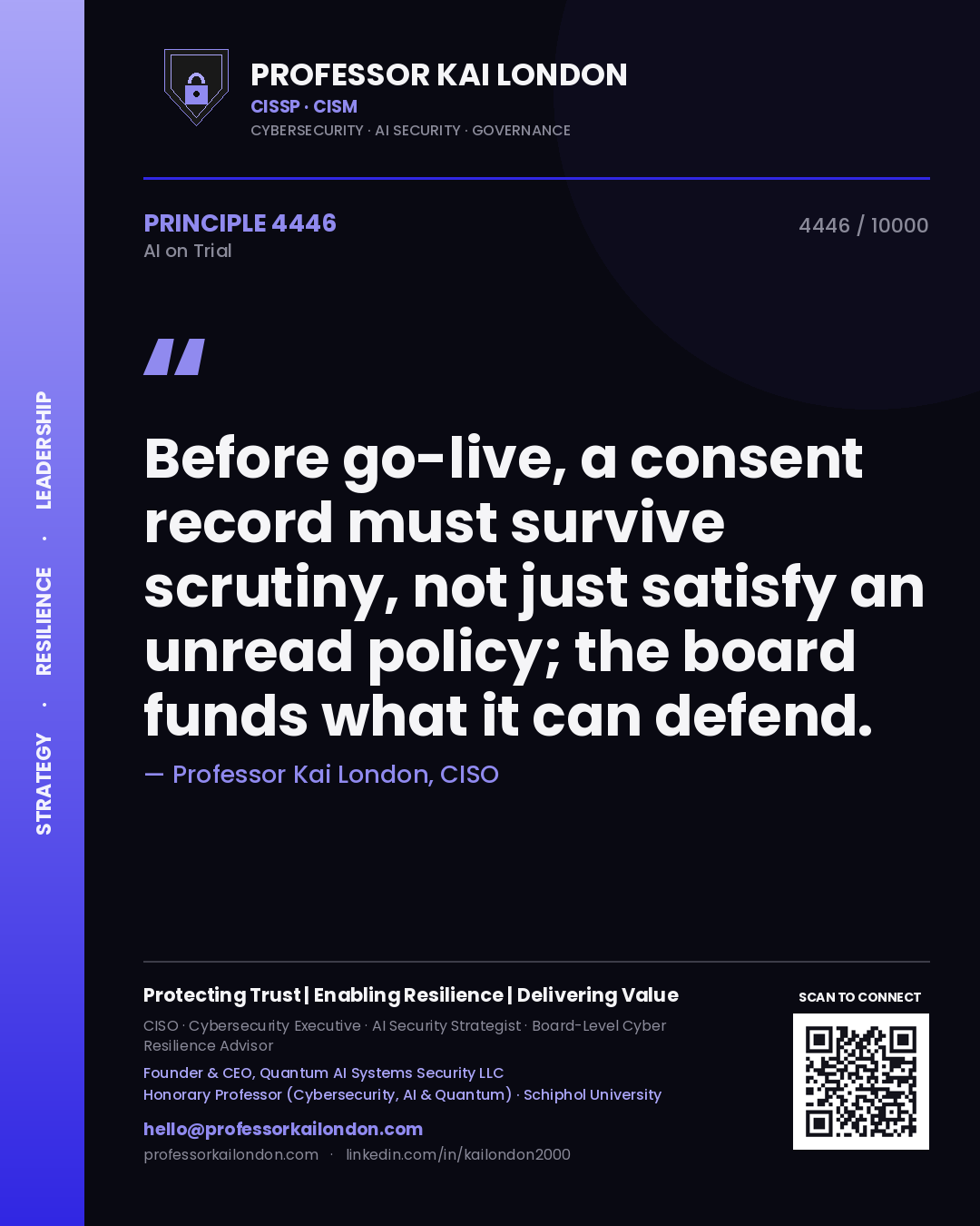 Professor Kai London principle 4446: Before go-live, a consent record must survive scrutiny, not just satisfy an unread policy; the board funds what it can defend.