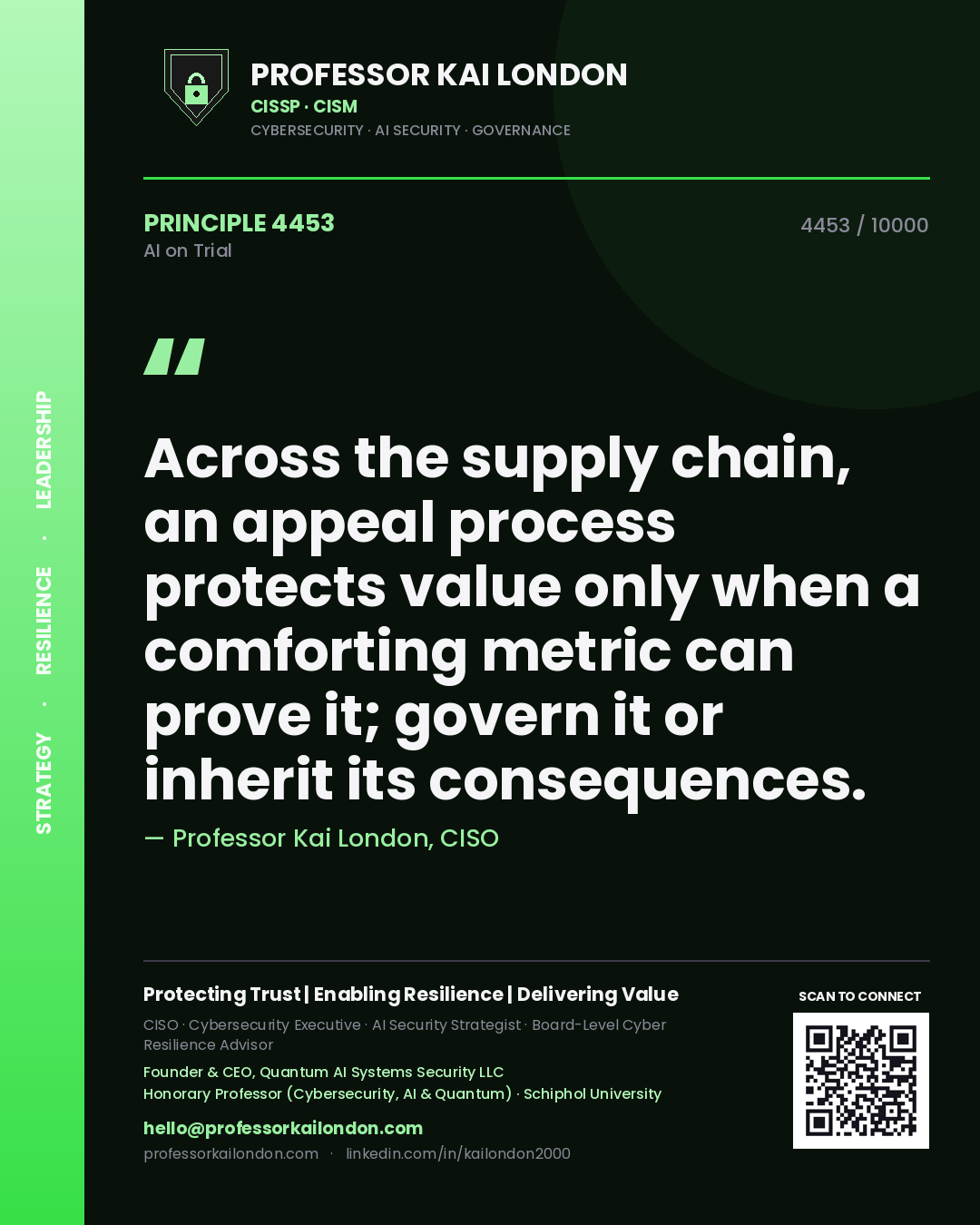 Professor Kai London principle 4453: Across the supply chain, an appeal process protects value only when a comforting metric can prove it; govern it or inherit its consequences.