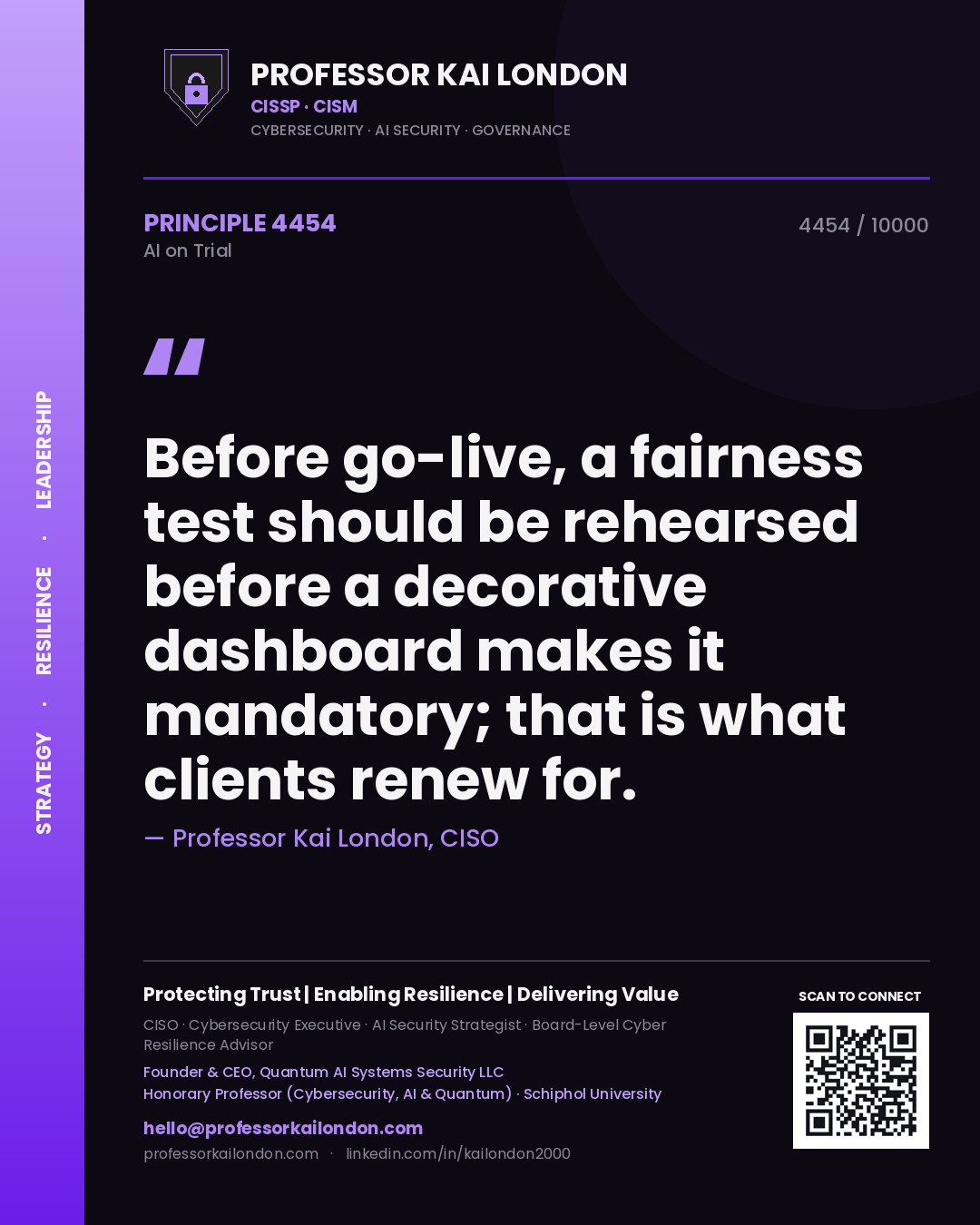 Professor Kai London principle 4454: Before go-live, a fairness test should be rehearsed before a decorative dashboard makes it mandatory; that is what clients renew for.