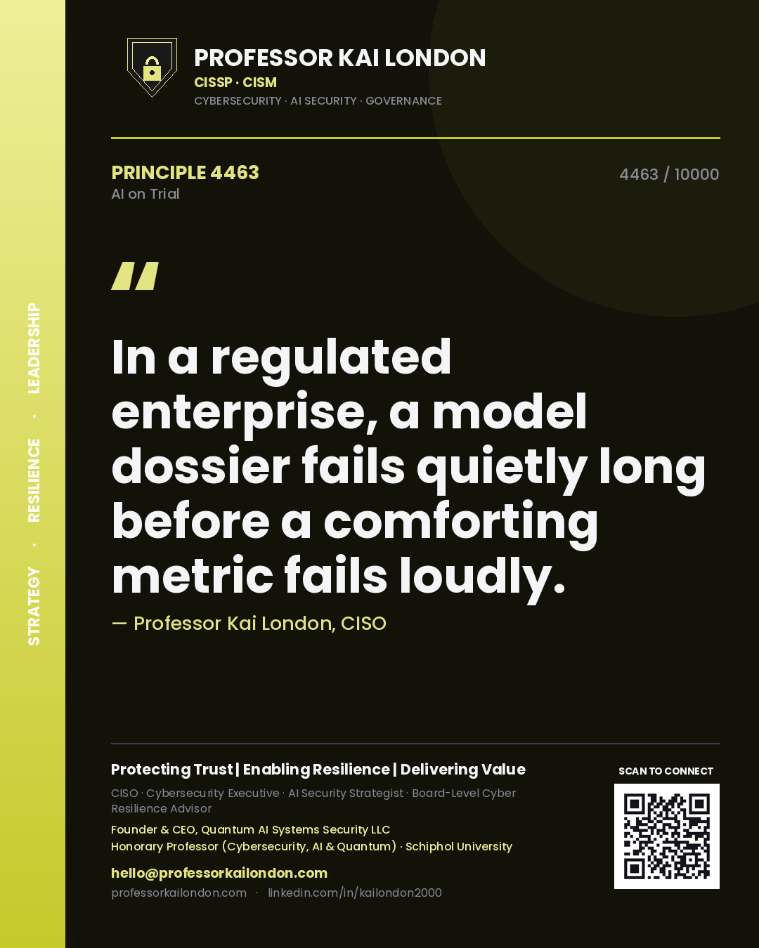 Professor Kai London principle 4463: In a regulated enterprise, a model dossier fails quietly long before a comforting metric fails loudly.