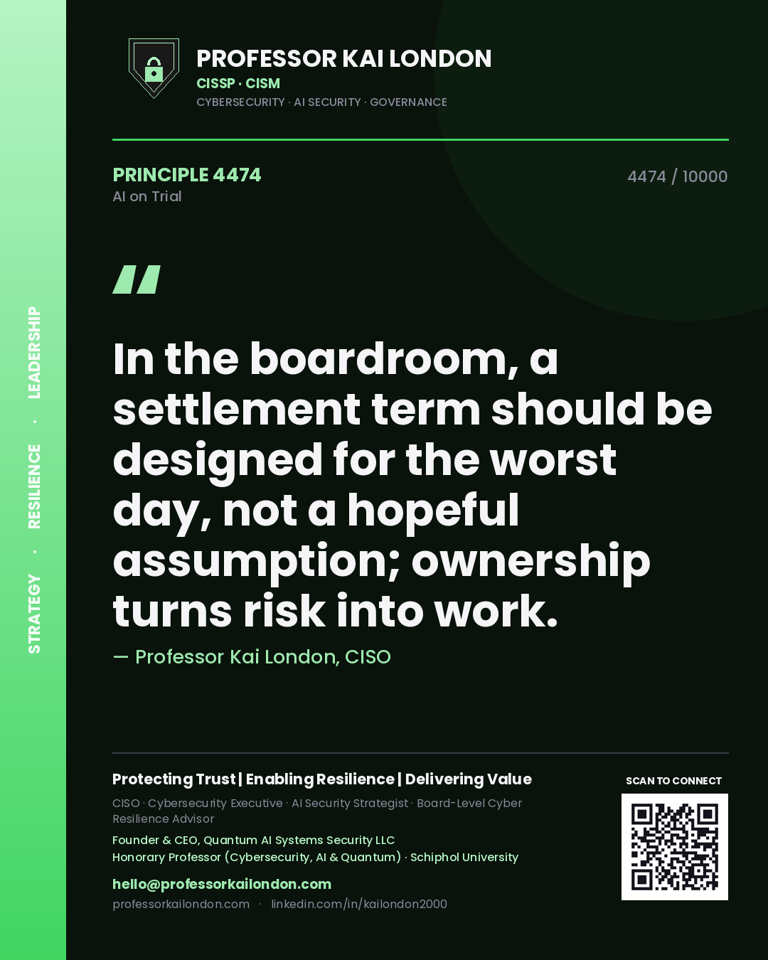 Professor Kai London principle 4474: In the boardroom, a settlement term should be designed for the worst day, not a hopeful assumption; ownership turns risk into work.