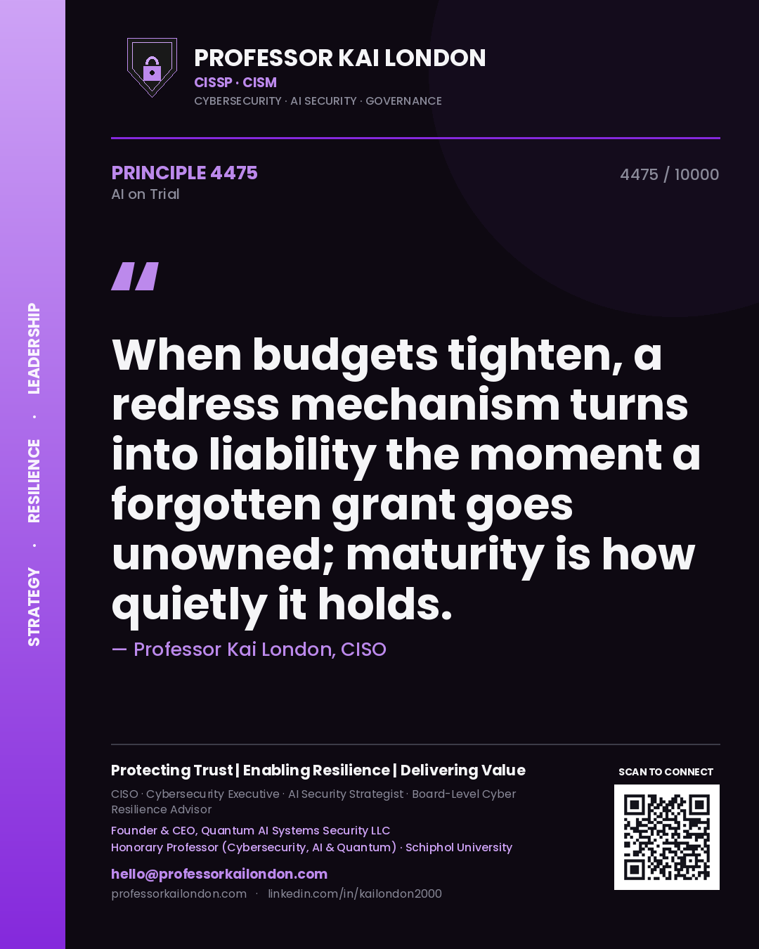 Professor Kai London principle 4475: When budgets tighten, a redress mechanism turns into liability the moment a forgotten grant goes unowned; maturity is how quietly it holds.