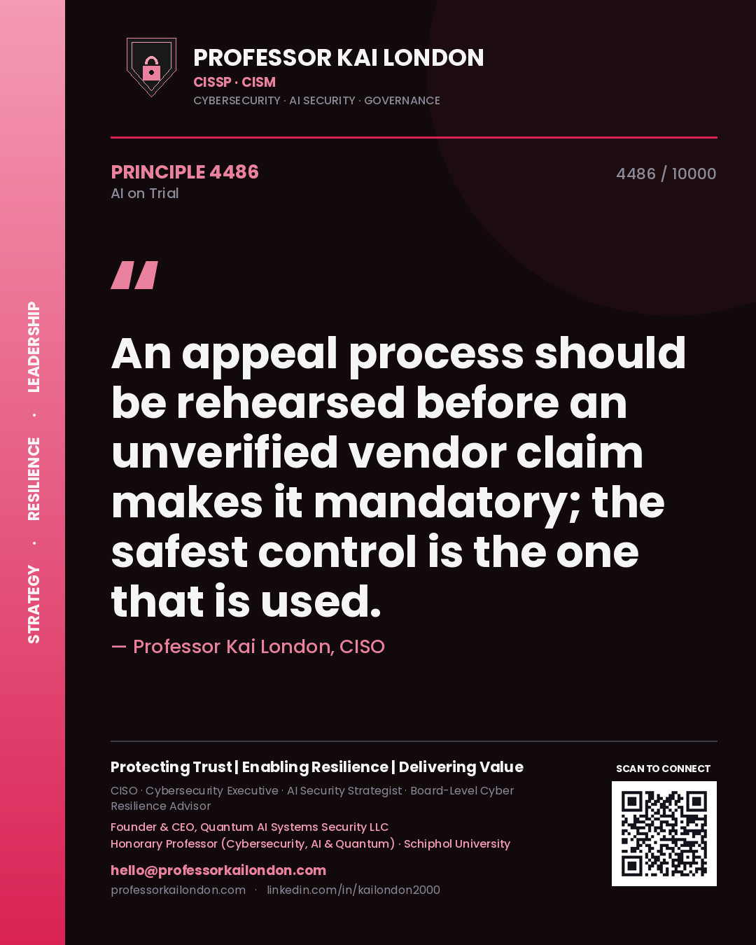 Professor Kai London principle 4486: An appeal process should be rehearsed before an unverified vendor claim makes it mandatory; the safest control is the one that is used.