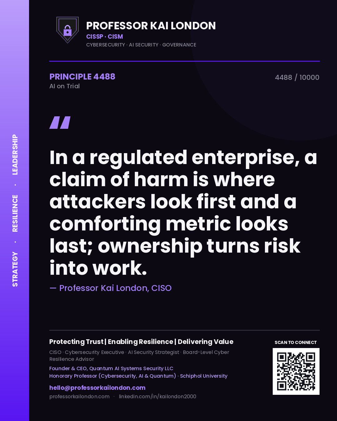 Professor Kai London principle 4488: In a regulated enterprise, a claim of harm is where attackers look first and a comforting metric looks last; ownership turns risk into work.