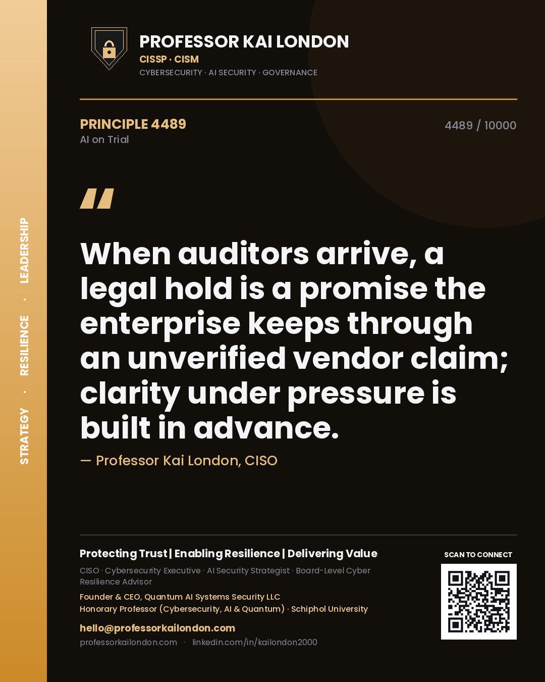 Quote card by Professor Kai London reading 'When auditors arrive, a legal hold is a promise the enterprise keeps through an unverified vendor claim; clarity under pressure is built in advance.'. From the book AI on Trial.