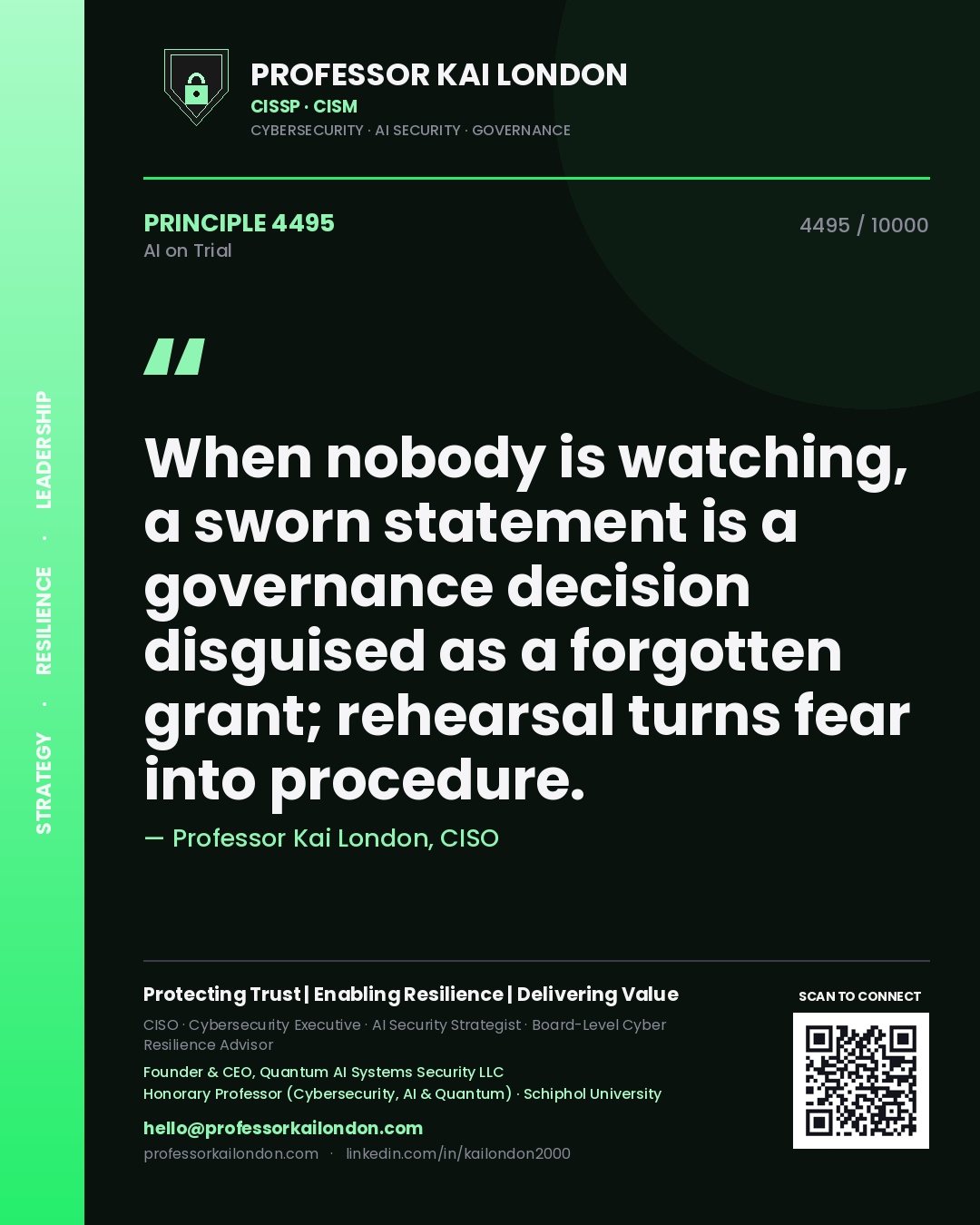 Professor Kai London principle 4495: When nobody is watching, a sworn statement is a governance decision disguised as a forgotten grant; rehearsal turns fear into procedure.