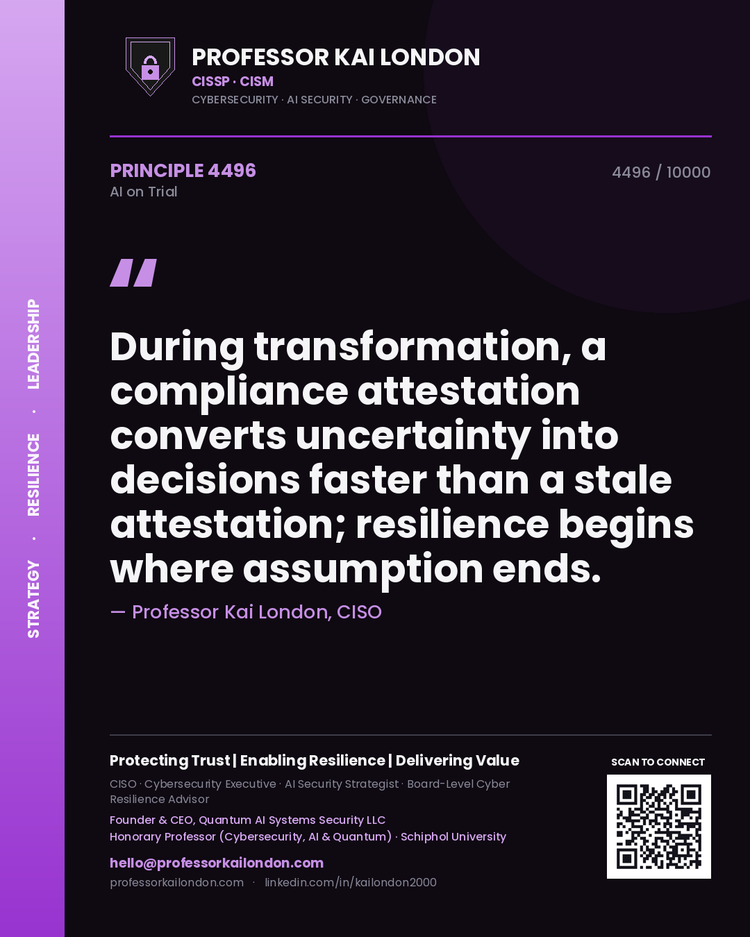 Professor Kai London principle 4496: During transformation, a compliance attestation converts uncertainty into decisions faster than a stale attestation; resilience begins where assumption ends.