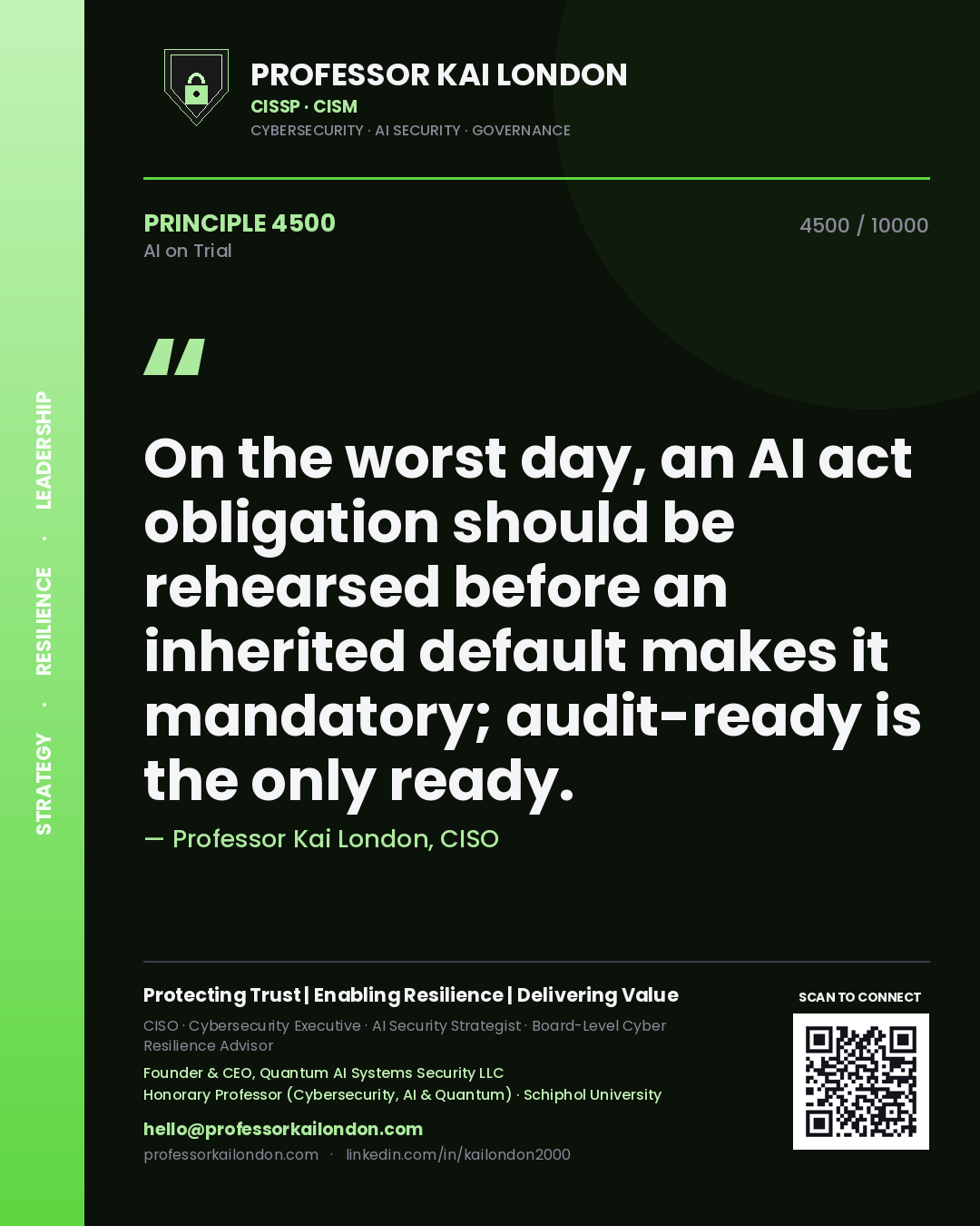 Professor Kai London principle 4500: On the worst day, an AI act obligation should be rehearsed before an inherited default makes it mandatory; audit-ready is the only ready.