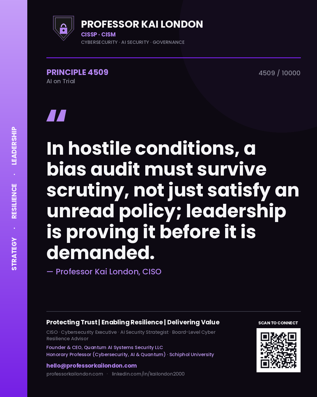 Professor Kai London principle 4509: In hostile conditions, a bias audit must survive scrutiny, not just satisfy an unread policy; leadership is proving it before it is demanded.