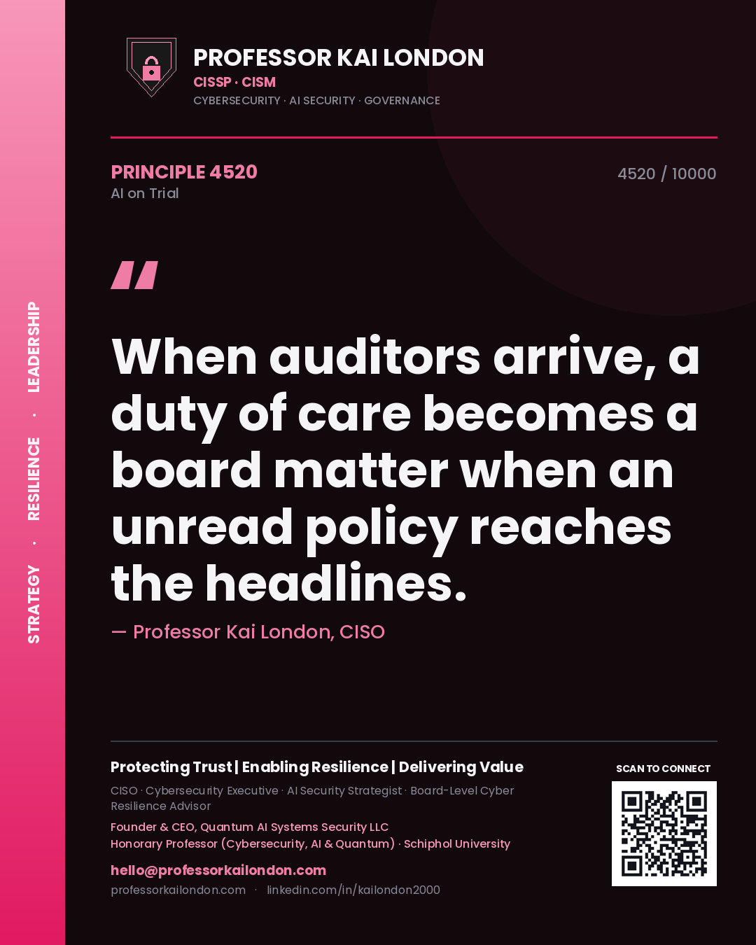 Professor Kai London principle 4520: When auditors arrive, a duty of care becomes a board matter when an unread policy reaches the headlines.