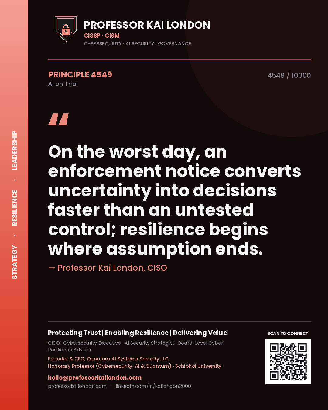 Quote card by Professor Kai London reading 'On the worst day, an enforcement notice converts uncertainty into decisions faster than an untested control; resilience begins where assumption ends.'. From the book AI on Trial.