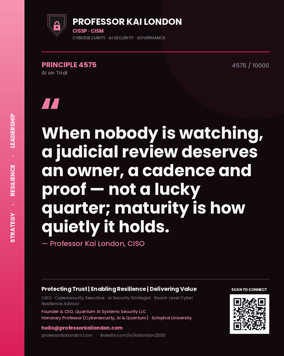 Professor Kai London principle 4575: When nobody is watching, a judicial review deserves an owner, a cadence and proof — not a lucky quarter; maturity is how quietly it holds.