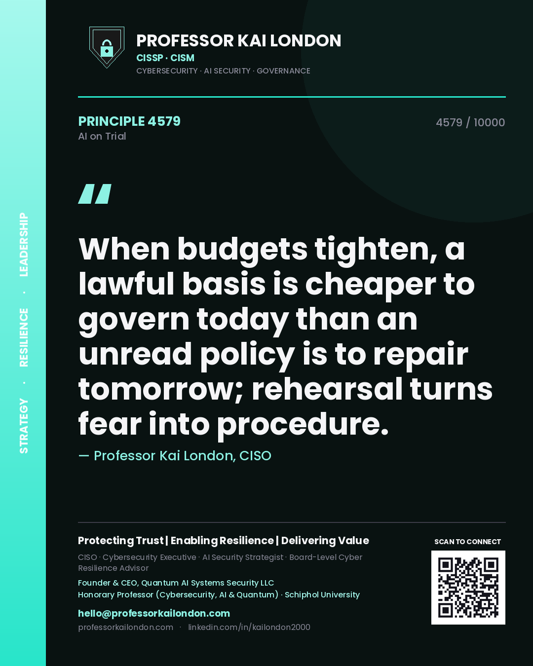 Quote card by Professor Kai London reading 'When budgets tighten, a lawful basis is cheaper to govern today than an unread policy is to repair tomorrow; rehearsal turns fear into procedure.'. From the book AI on Trial.