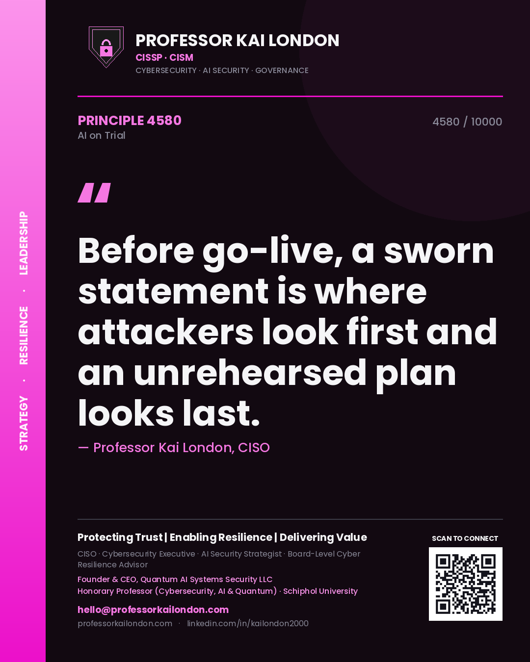 Quote card by Professor Kai London reading 'Before go-live, a sworn statement is where attackers look first and an unrehearsed plan looks last.'. From the book AI on Trial.