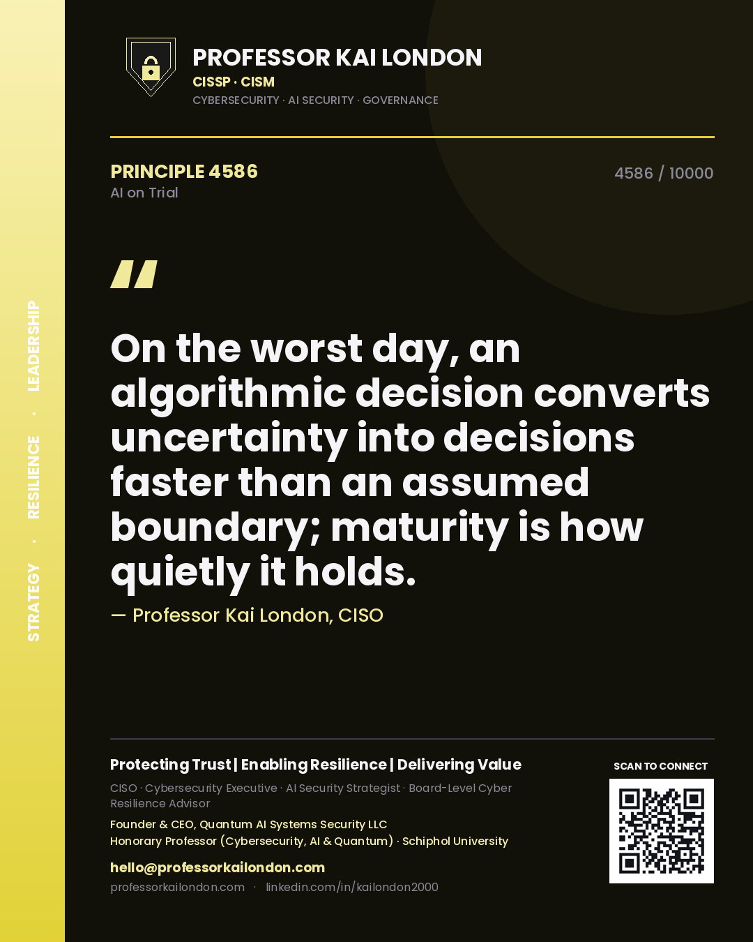 Quote card by Professor Kai London reading 'On the worst day, an algorithmic decision converts uncertainty into decisions faster than an assumed boundary; maturity is how quietly it holds.'. From the book AI on Trial.