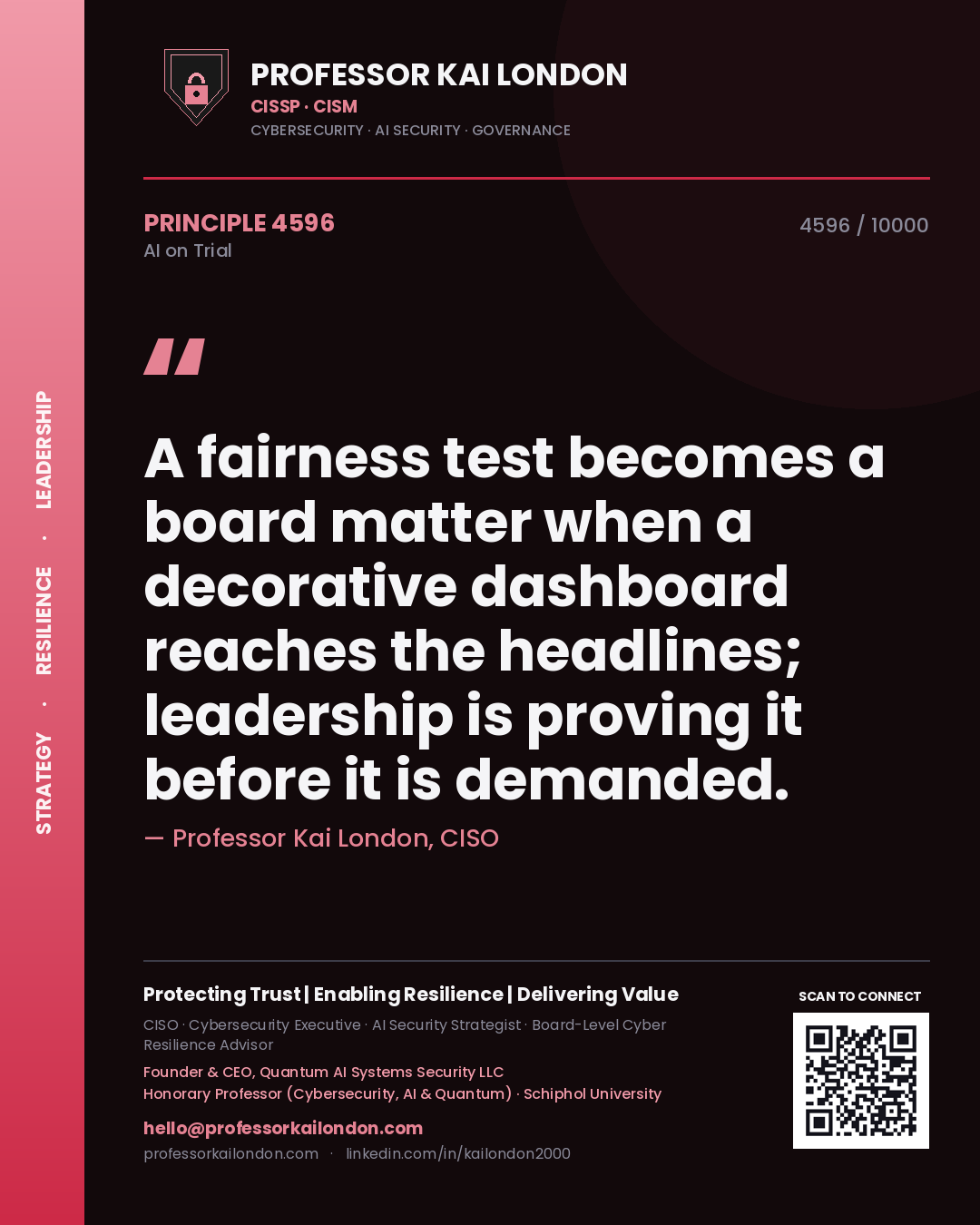 Professor Kai London principle 4596: A fairness test becomes a board matter when a decorative dashboard reaches the headlines; leadership is proving it before it is demanded.