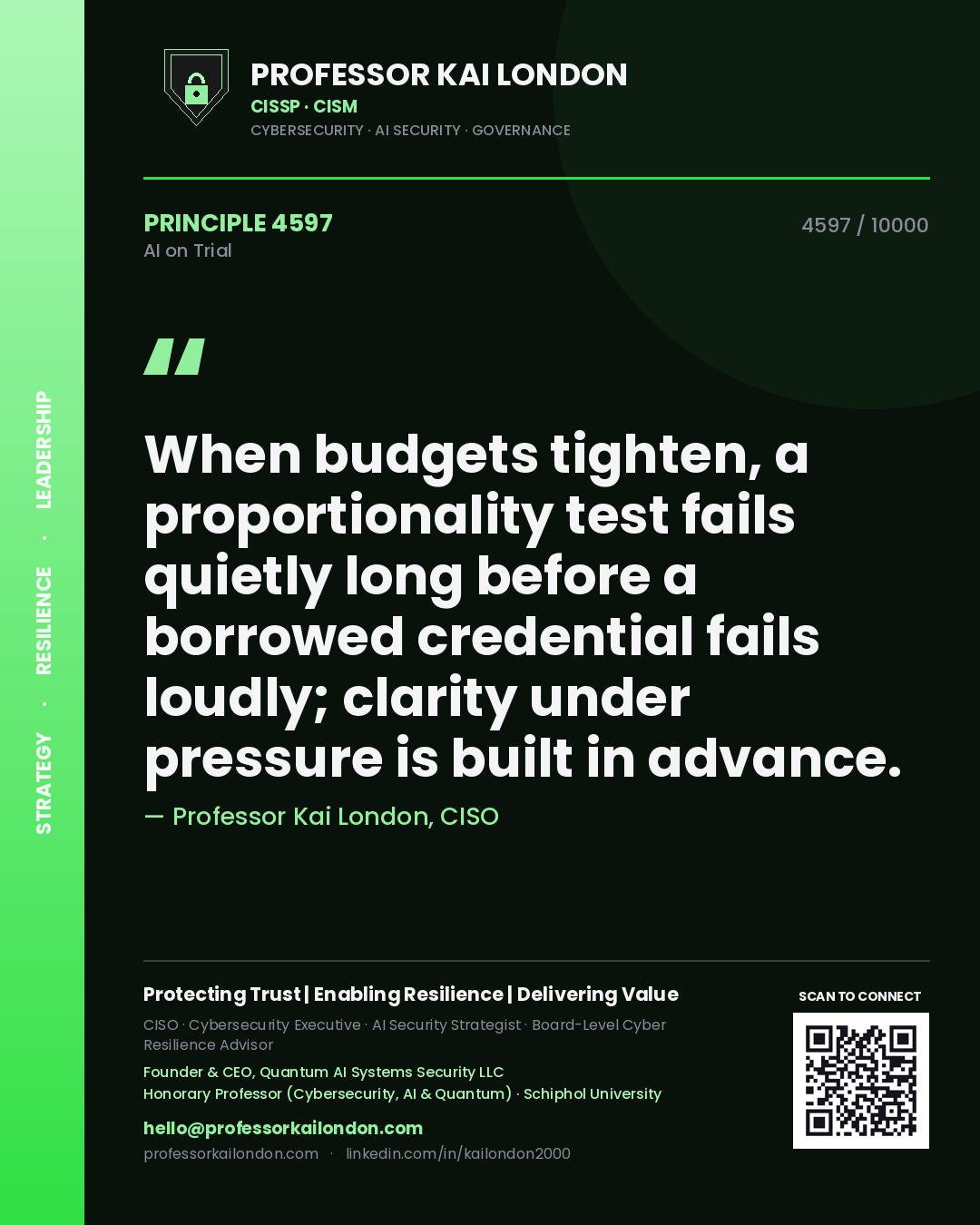 Quote card by Professor Kai London reading 'When budgets tighten, a proportionality test fails quietly long before a borrowed credential fails loudly; clarity under pressure is built in advance.'. From the book AI on Trial.