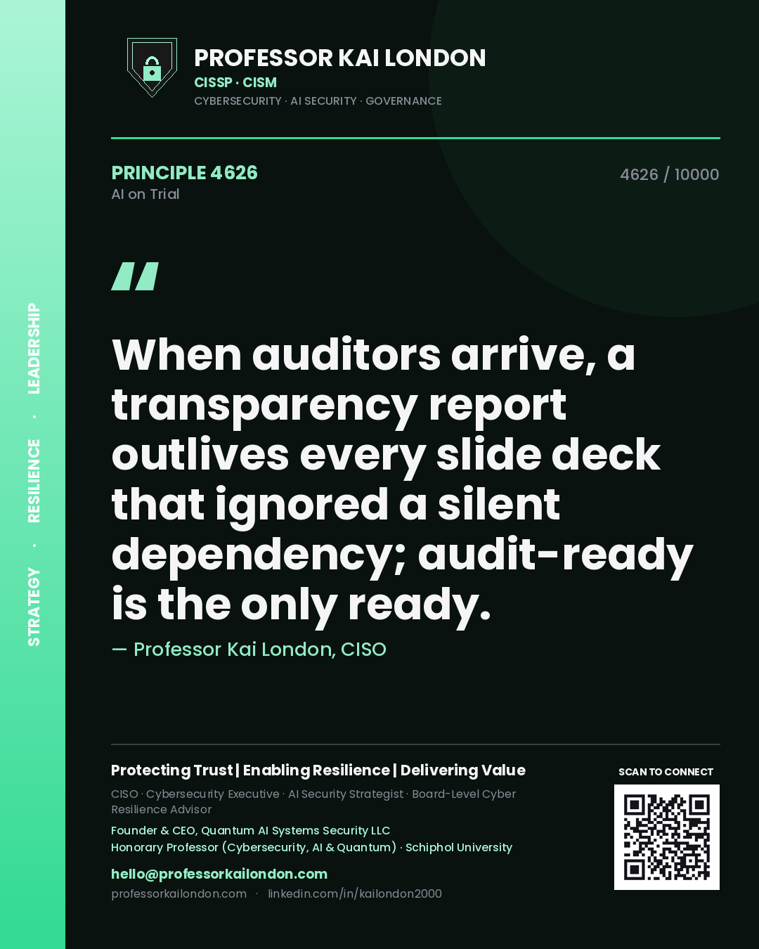 Professor Kai London principle 4626: When auditors arrive, a transparency report outlives every slide deck that ignored a silent dependency; audit-ready is the only ready.