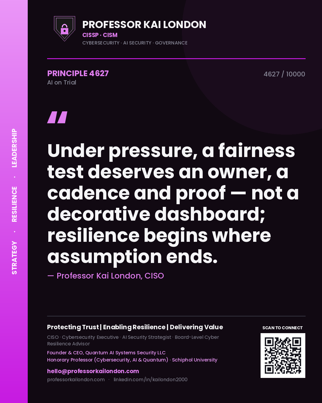 Professor Kai London principle 4627: Under pressure, a fairness test deserves an owner, a cadence and proof — not a decorative dashboard; resilience begins where assumption ends.
