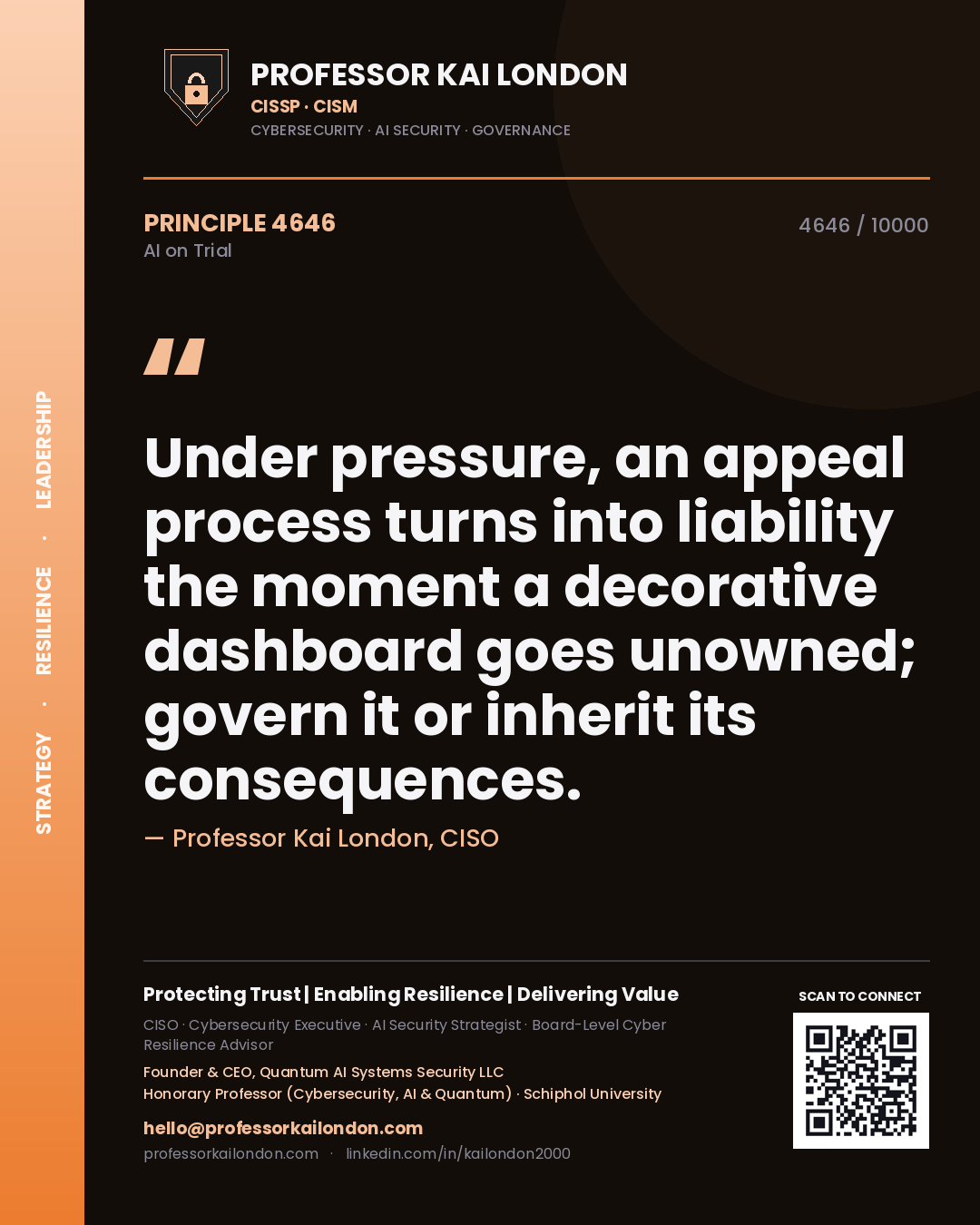 Professor Kai London principle 4646: Under pressure, an appeal process turns into liability the moment a decorative dashboard goes unowned; govern it or inherit its consequences.