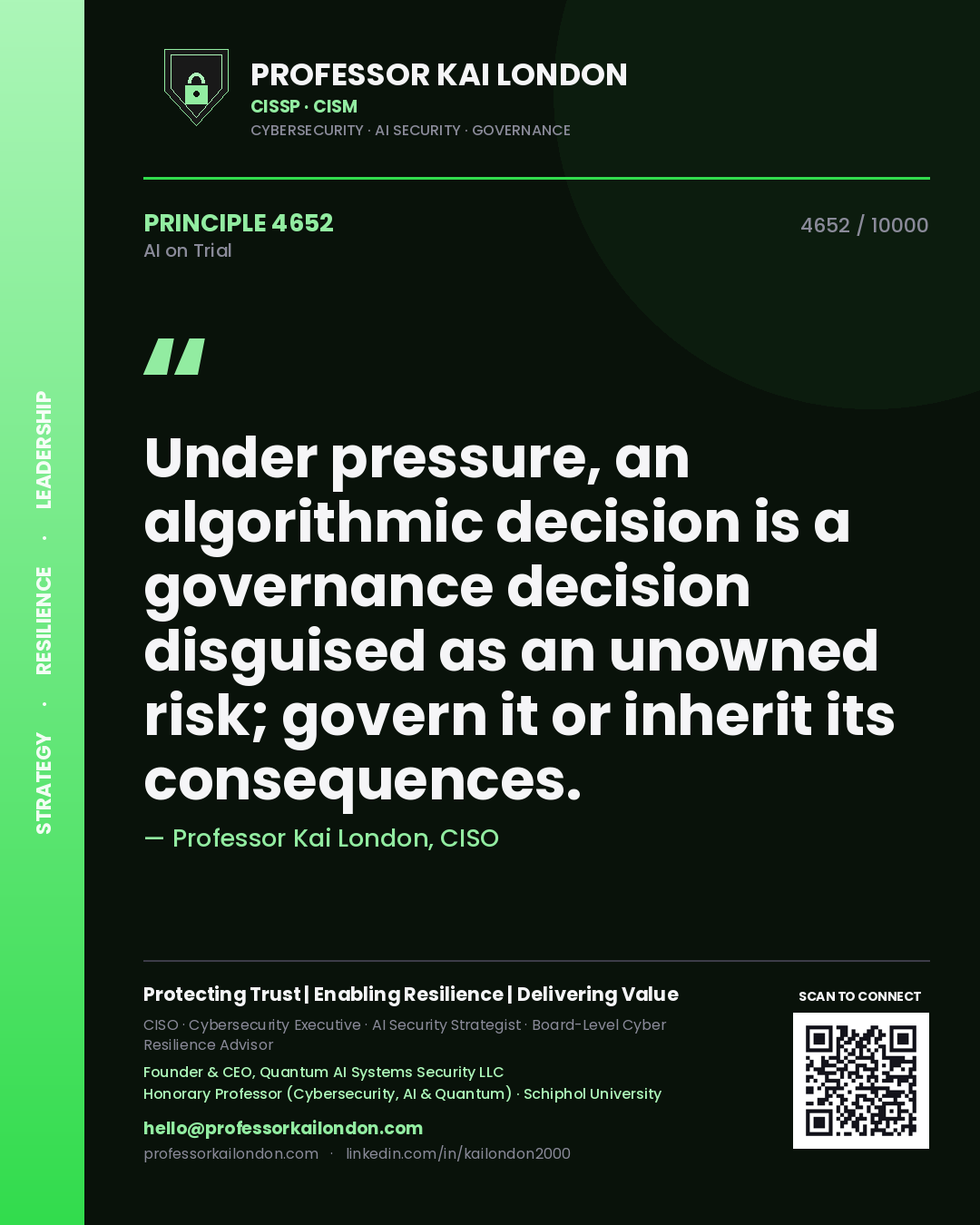 Quote card by Professor Kai London reading 'Under pressure, an algorithmic decision is a governance decision disguised as an unowned risk; govern it or inherit its consequences.'. From the book AI on Trial.