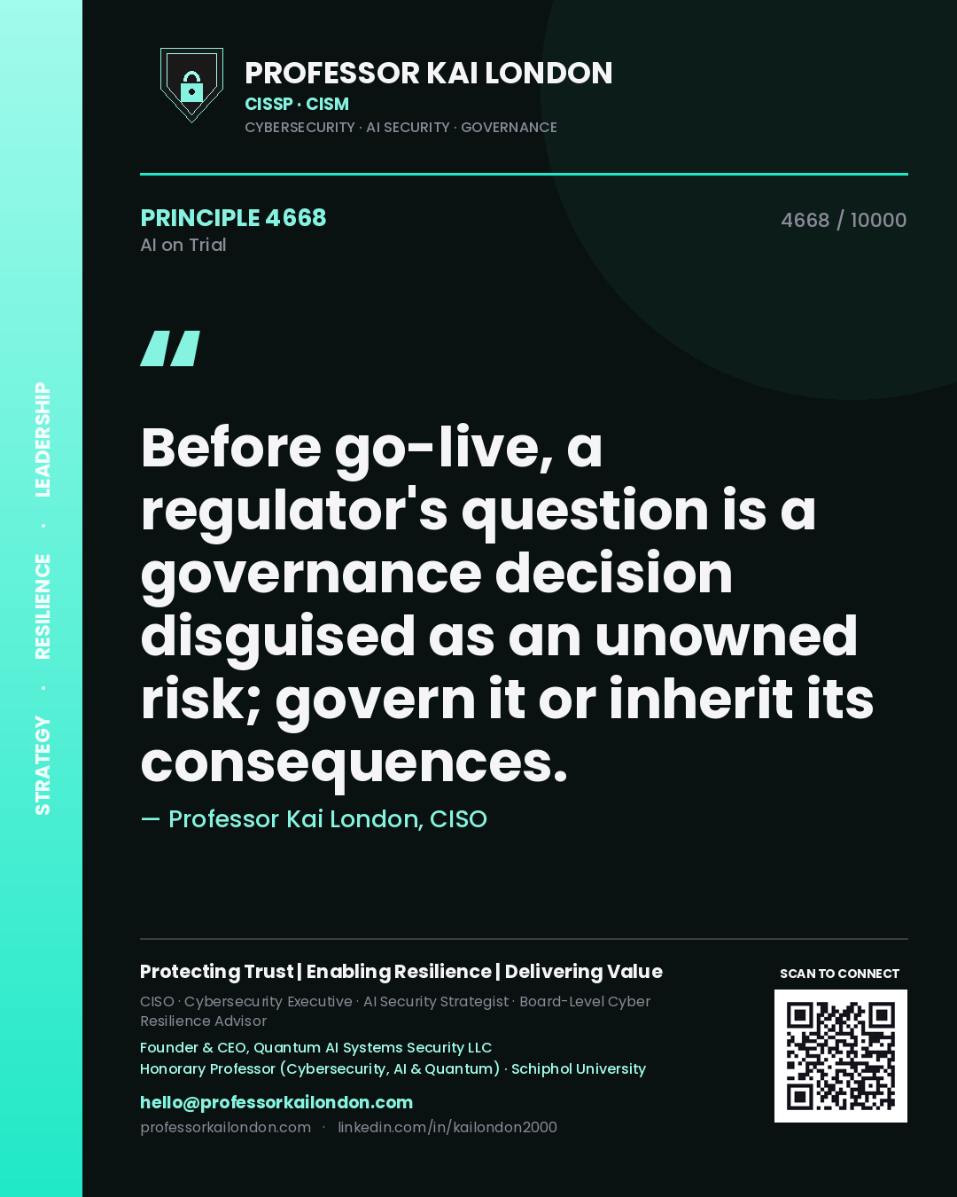 Professor Kai London principle 4668: Before go-live, a regulator's question is a governance decision disguised as an unowned risk; govern it or inherit its consequences.