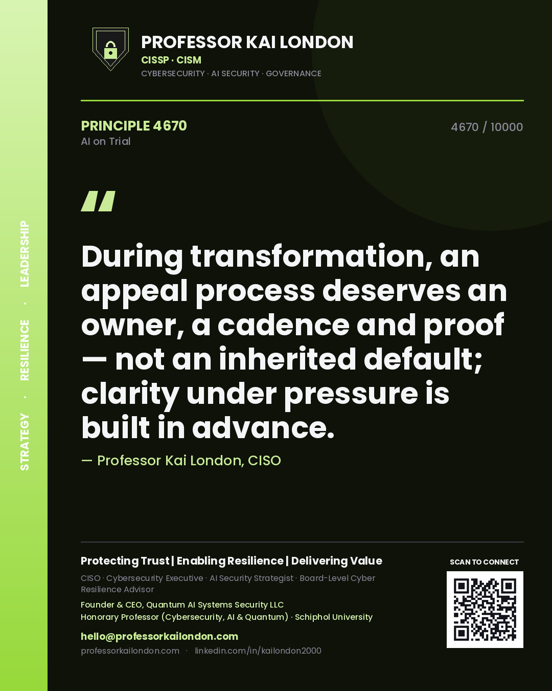 Quote card by Professor Kai London reading 'During transformation, an appeal process deserves an owner, a cadence and proof — not an inherited default; clarity under pressure is built in advance.'. From the book AI on Trial.