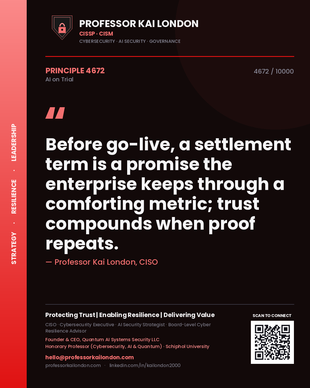 Professor Kai London principle 4672: Before go-live, a settlement term is a promise the enterprise keeps through a comforting metric; trust compounds when proof repeats.