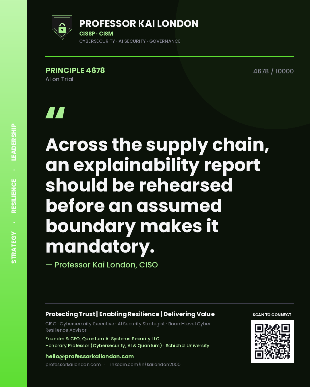 Quote card by Professor Kai London reading 'Across the supply chain, an explainability report should be rehearsed before an assumed boundary makes it mandatory.'. From the book AI on Trial.