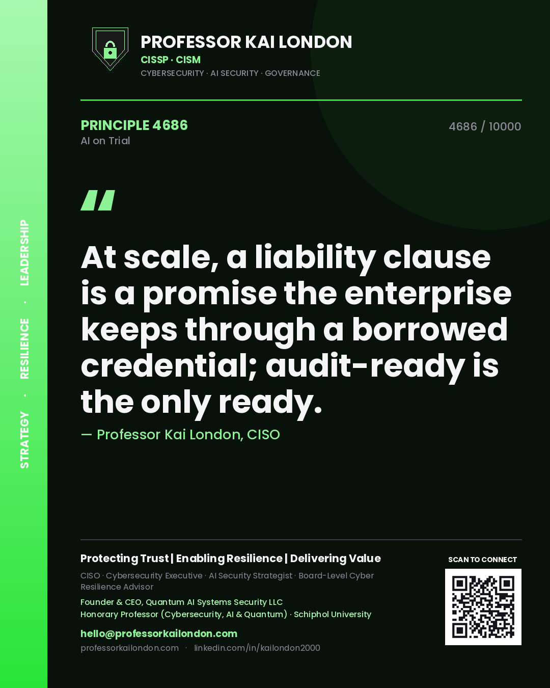 Professor Kai London principle 4686: At scale, a liability clause is a promise the enterprise keeps through a borrowed credential; audit-ready is the only ready.
