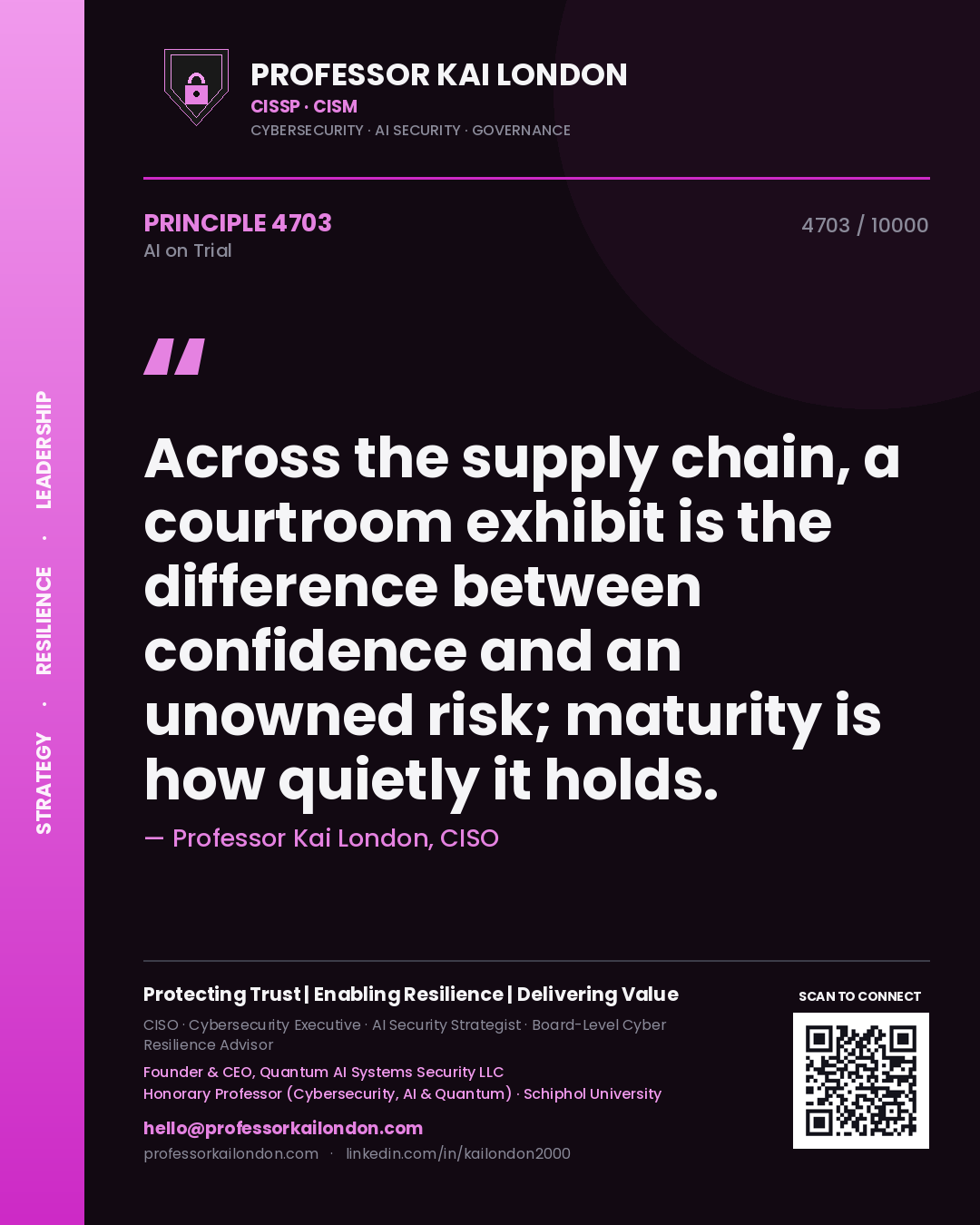 Professor Kai London principle 4703: Across the supply chain, a courtroom exhibit is the difference between confidence and an unowned risk; maturity is how quietly it holds.