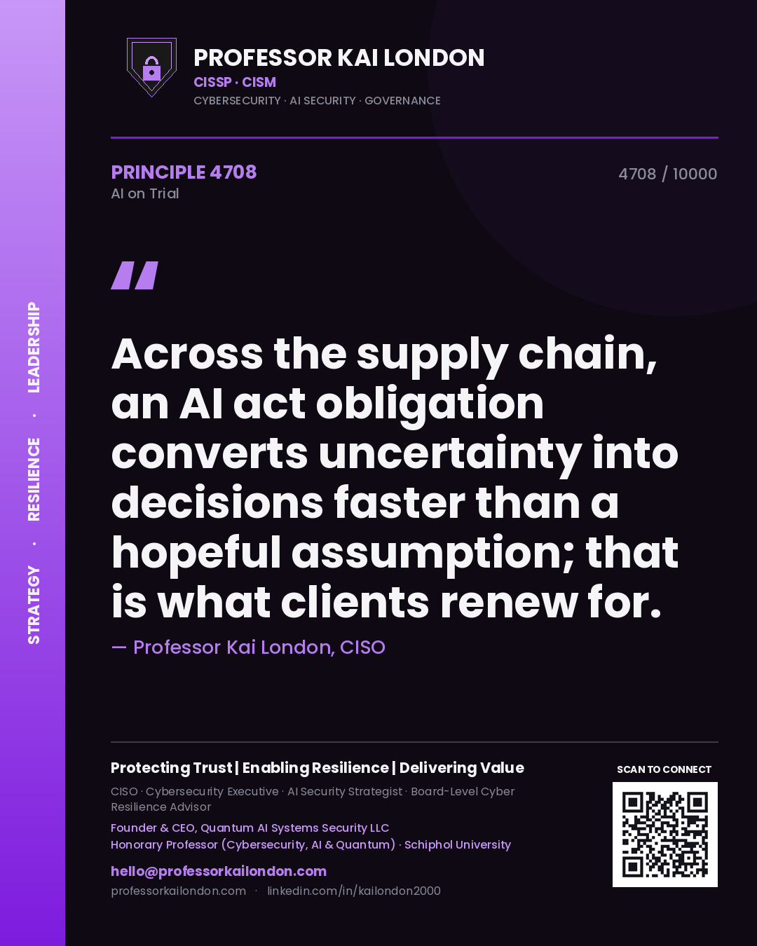 Quote card by Professor Kai London reading 'Across the supply chain, an AI act obligation converts uncertainty into decisions faster than a hopeful assumption; that is what clients renew for.'. From the book AI on Trial.