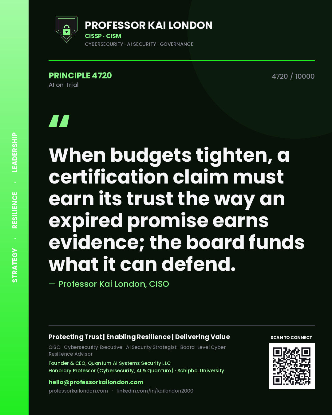 Professor Kai London principle 4720: When budgets tighten, a certification claim must earn its trust the way an expired promise earns evidence; the board funds what it can defend.