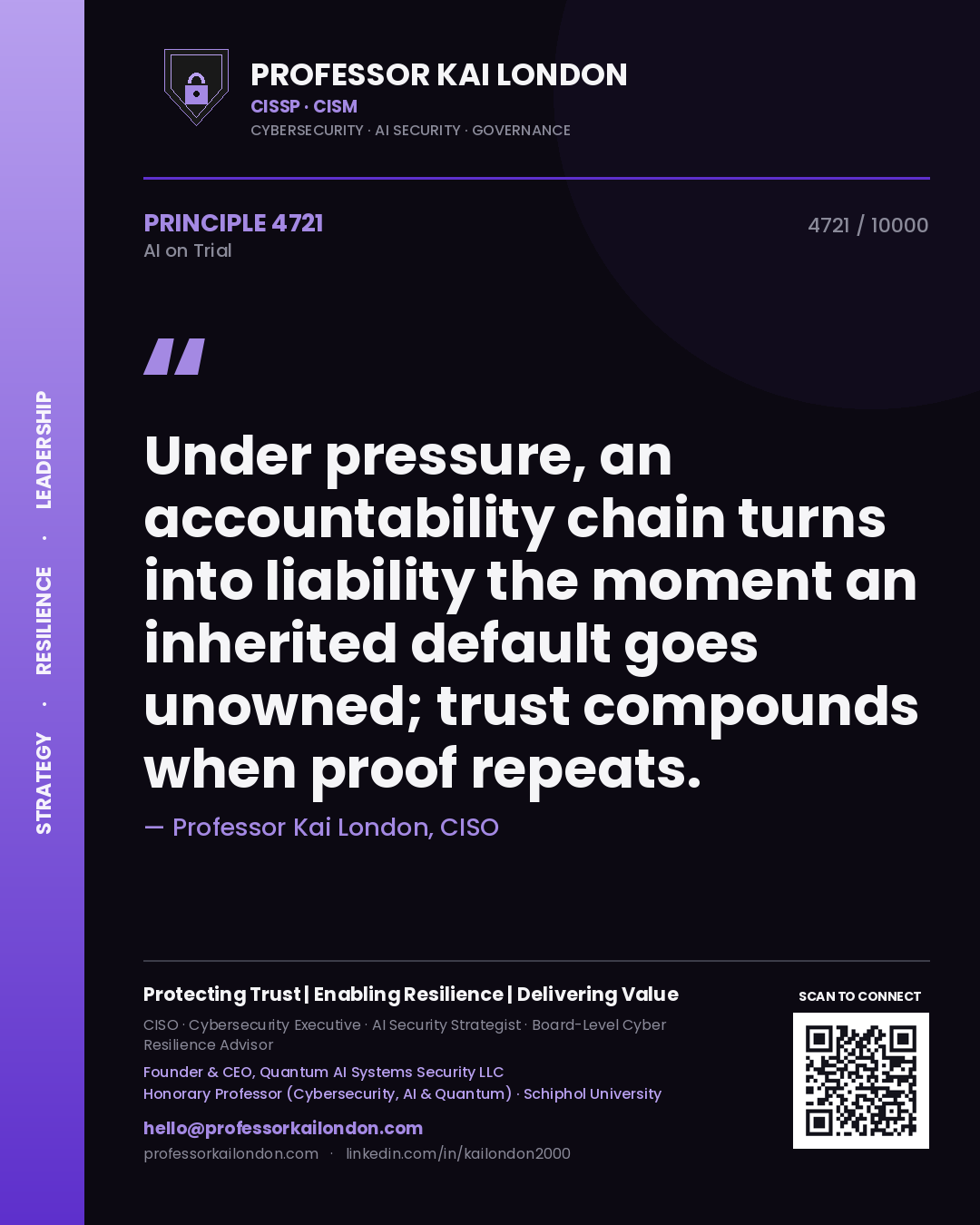 Professor Kai London principle 4721: Under pressure, an accountability chain turns into liability the moment an inherited default goes unowned; trust compounds when proof repeats.