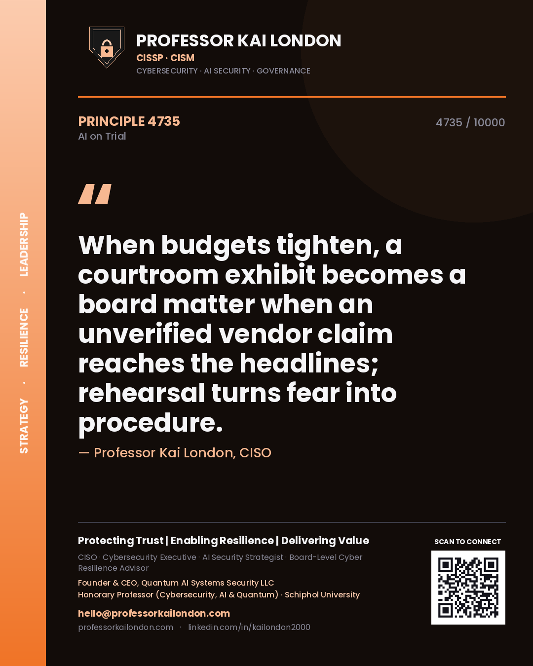 Professor Kai London principle 4735: When budgets tighten, a courtroom exhibit becomes a board matter when an unverified vendor claim reaches the headlines; rehearsal turns fear into procedure.