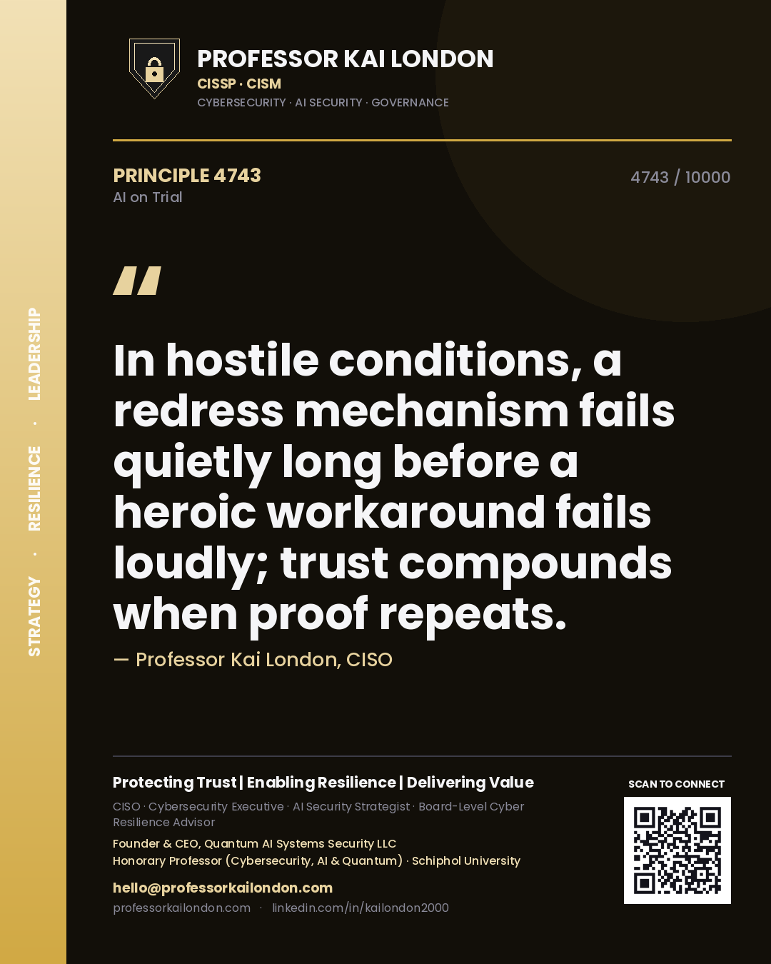 Professor Kai London principle 4743: In hostile conditions, a redress mechanism fails quietly long before a heroic workaround fails loudly; trust compounds when proof repeats.