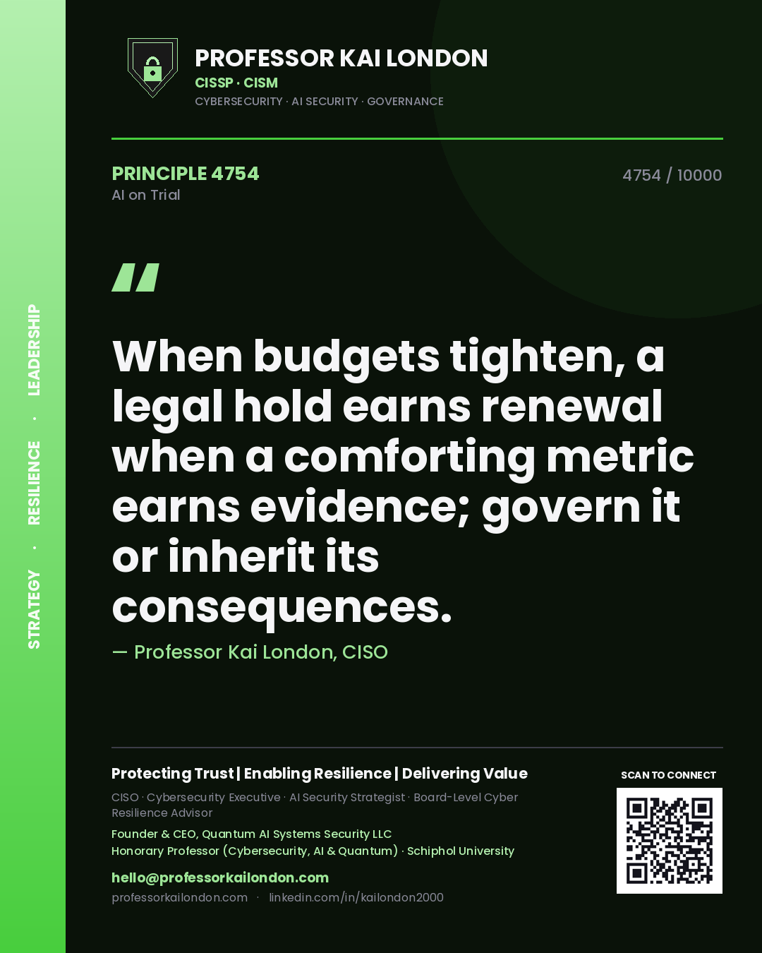 Professor Kai London principle 4754: When budgets tighten, a legal hold earns renewal when a comforting metric earns evidence; govern it or inherit its consequences.