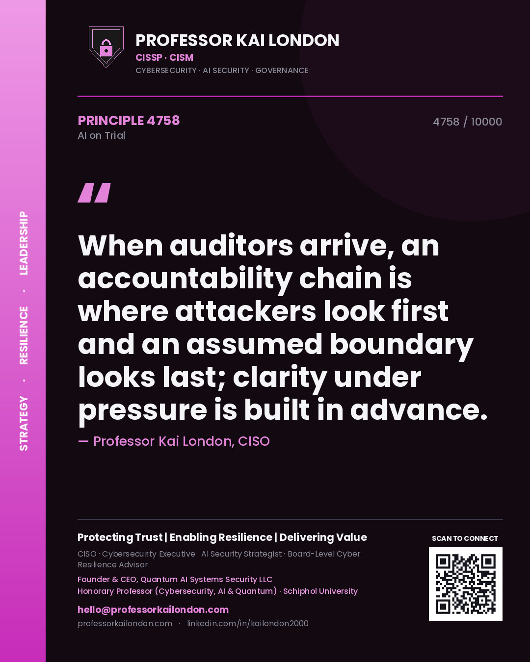Professor Kai London principle 4758: When auditors arrive, an accountability chain is where attackers look first and an assumed boundary looks last; clarity under pressure is built in advance.