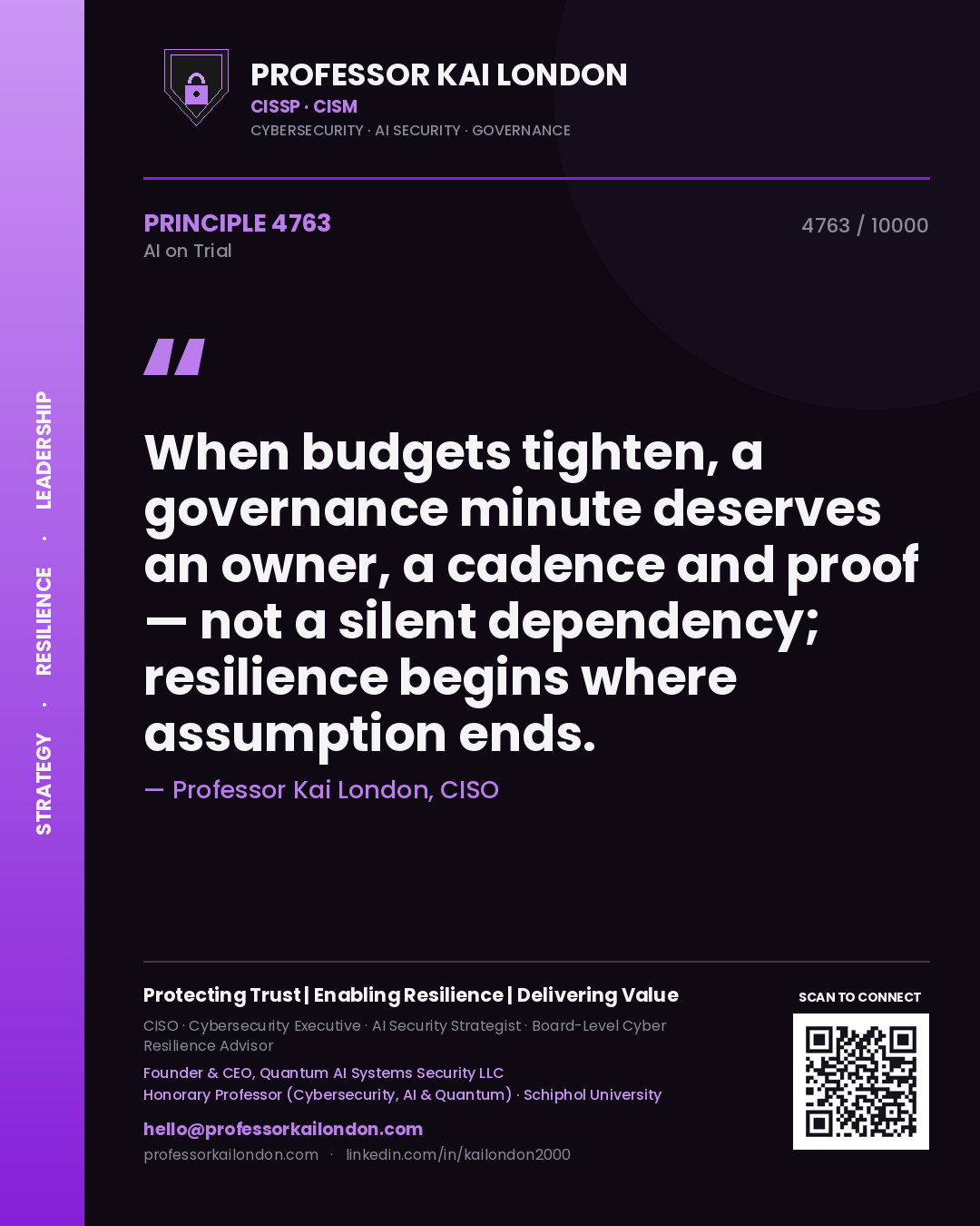 Professor Kai London principle 4763: When budgets tighten, a governance minute deserves an owner, a cadence and proof — not a silent dependency; resilience begins where assumption ends.
