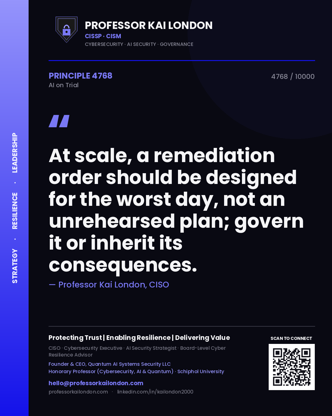 Professor Kai London principle 4768: At scale, a remediation order should be designed for the worst day, not an unrehearsed plan; govern it or inherit its consequences.