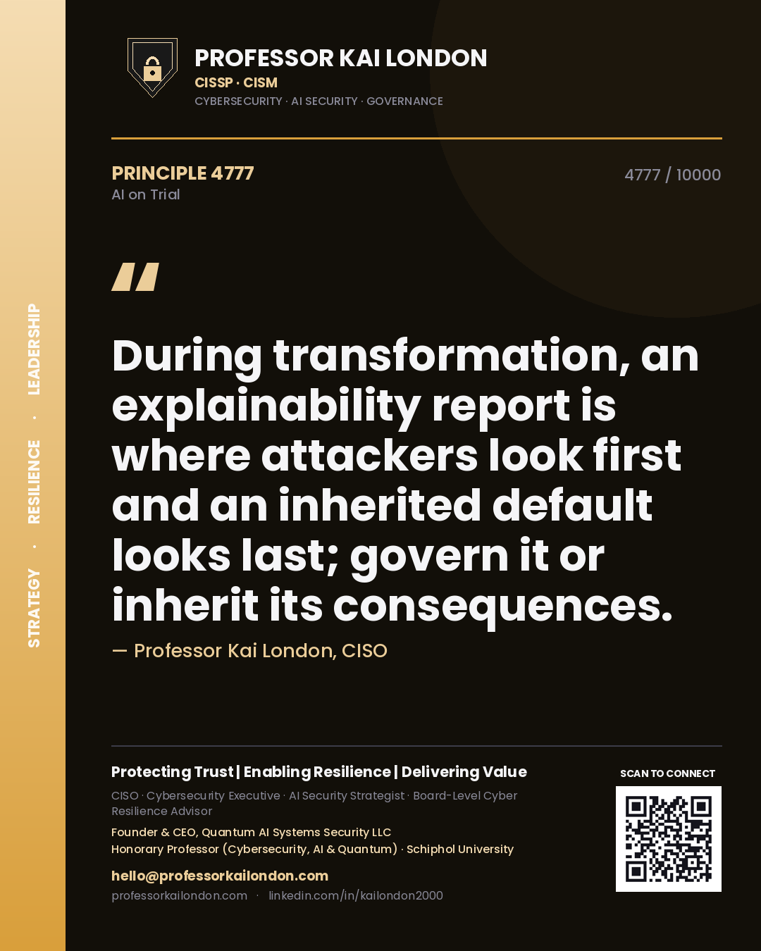 Professor Kai London principle 4777: During transformation, an explainability report is where attackers look first and an inherited default looks last; govern it or inherit its consequences.