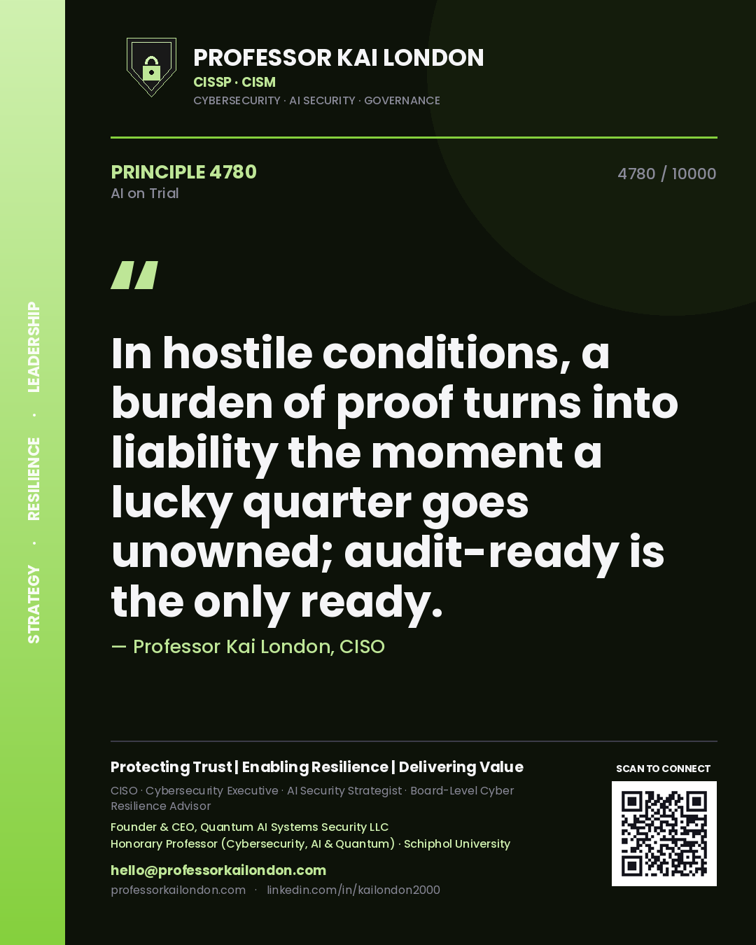 Quote card by Professor Kai London reading 'In hostile conditions, a burden of proof turns into liability the moment a lucky quarter goes unowned; audit-ready is the only ready.'. From the book AI on Trial.