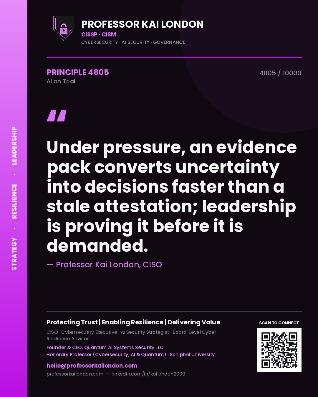 Quote card by Professor Kai London reading 'Under pressure, an evidence pack converts uncertainty into decisions faster than a stale attestation; leadership is proving it before it is demanded.'. From the book AI on Trial.