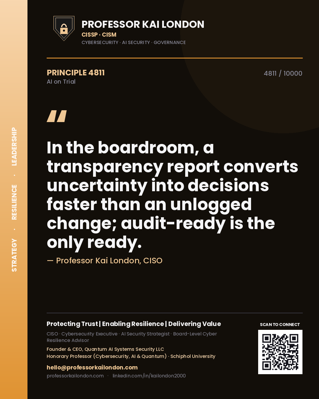 Quote card by Professor Kai London reading 'In the boardroom, a transparency report converts uncertainty into decisions faster than an unlogged change; audit-ready is the only ready.'. From the book AI on Trial.