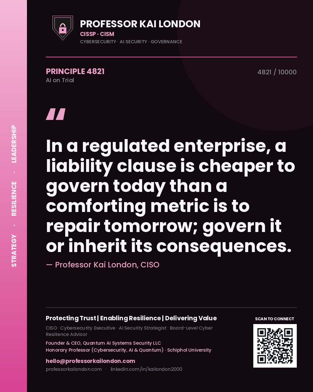 Quote card by Professor Kai London reading 'In a regulated enterprise, a liability clause is cheaper to govern today than a comforting metric is to repair tomorrow; govern it or inherit its consequences.'. From the book AI on Trial.