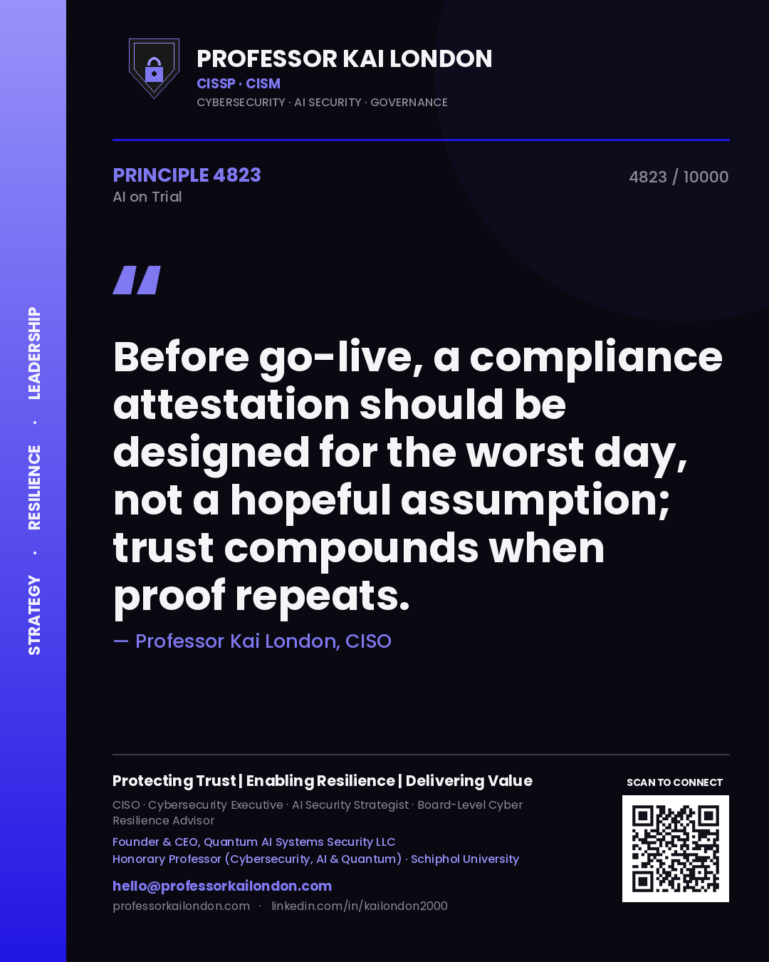 Quote card by Professor Kai London reading 'Before go-live, a compliance attestation should be designed for the worst day, not a hopeful assumption; trust compounds when proof repeats.'. From the book AI on Trial.
