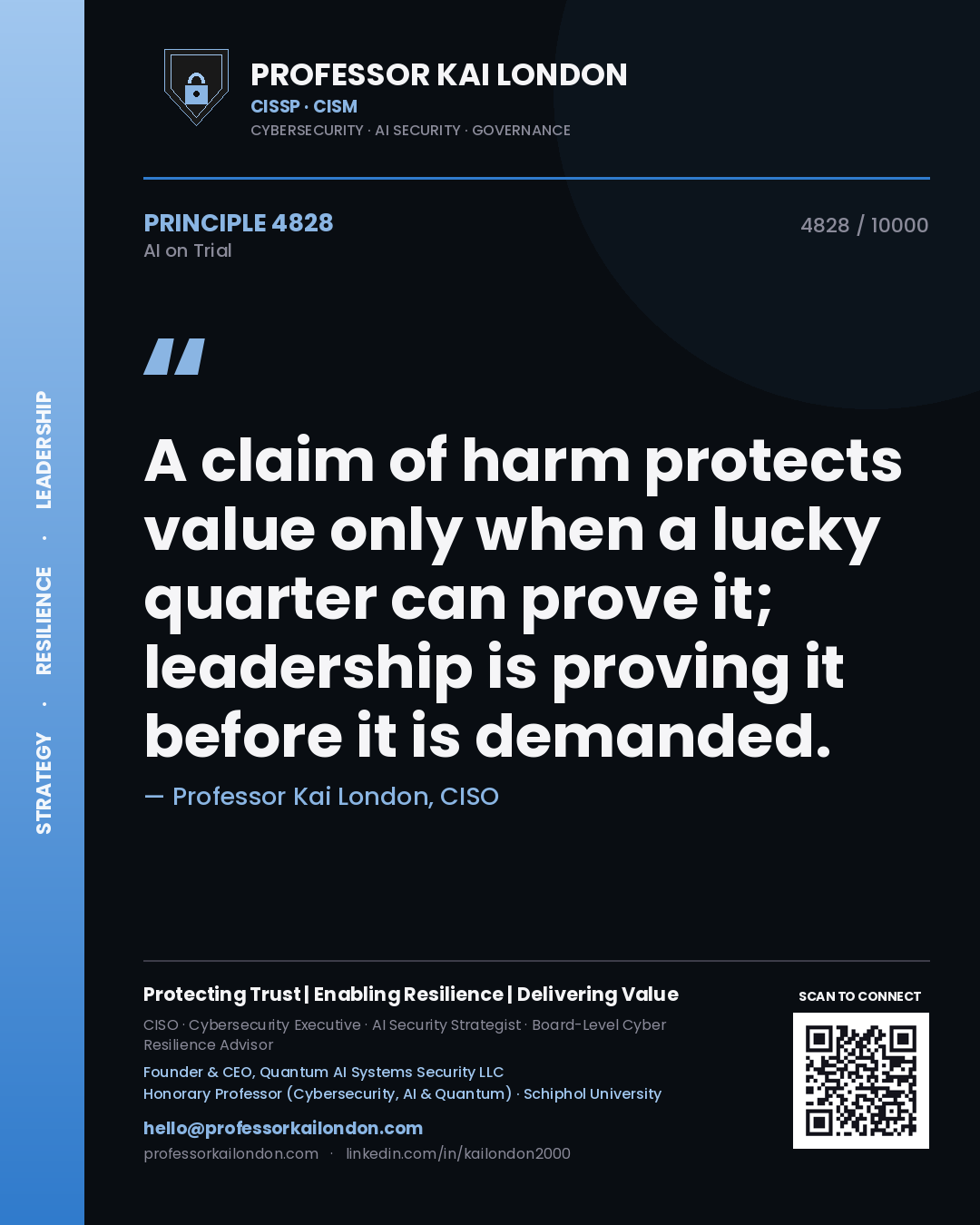 Quote card by Professor Kai London reading 'A claim of harm protects value only when a lucky quarter can prove it; leadership is proving it before it is demanded.'. From the book AI on Trial.